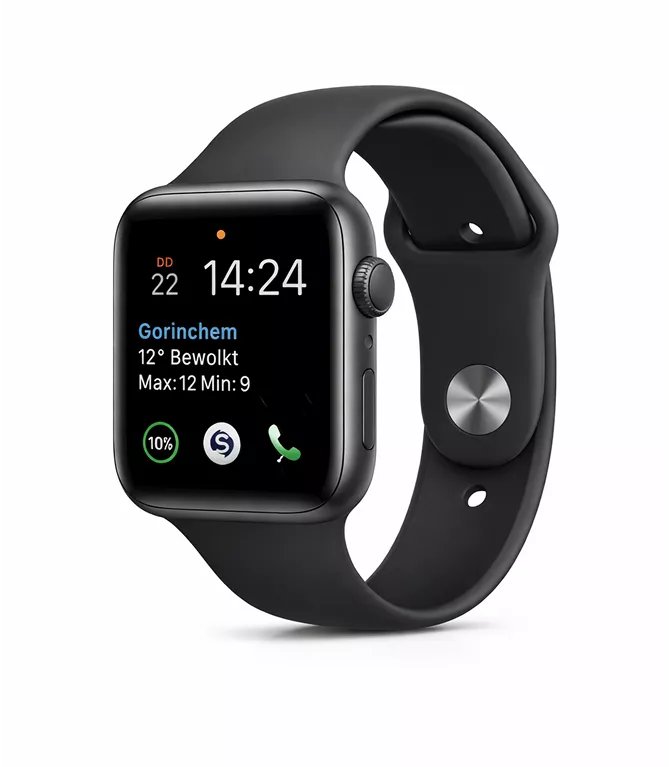 An Apple Watch displaying an app on its screen, showcasing its digital interface and features