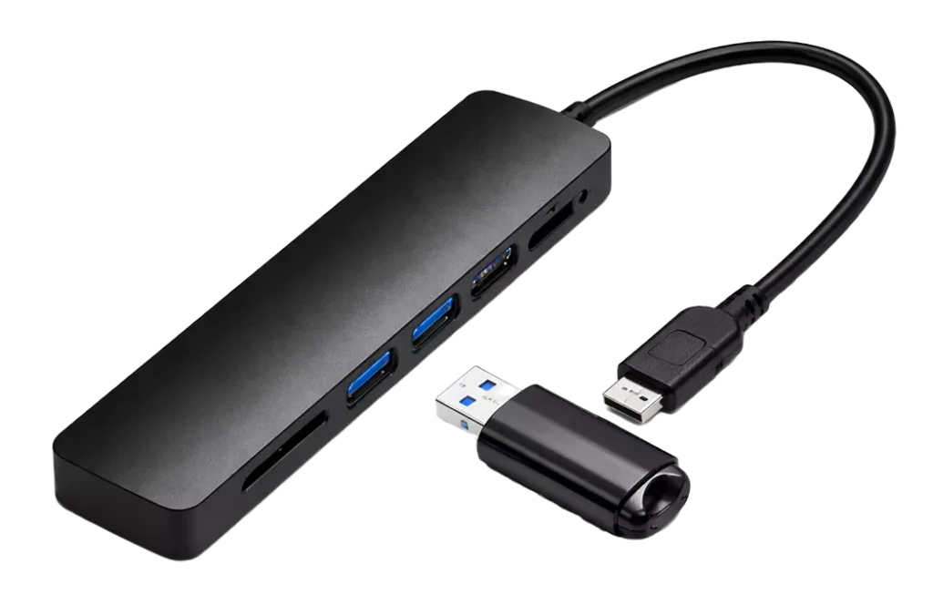 USB hub with a USB-C to USB-C cable, designed for connecting multiple devices efficiently
