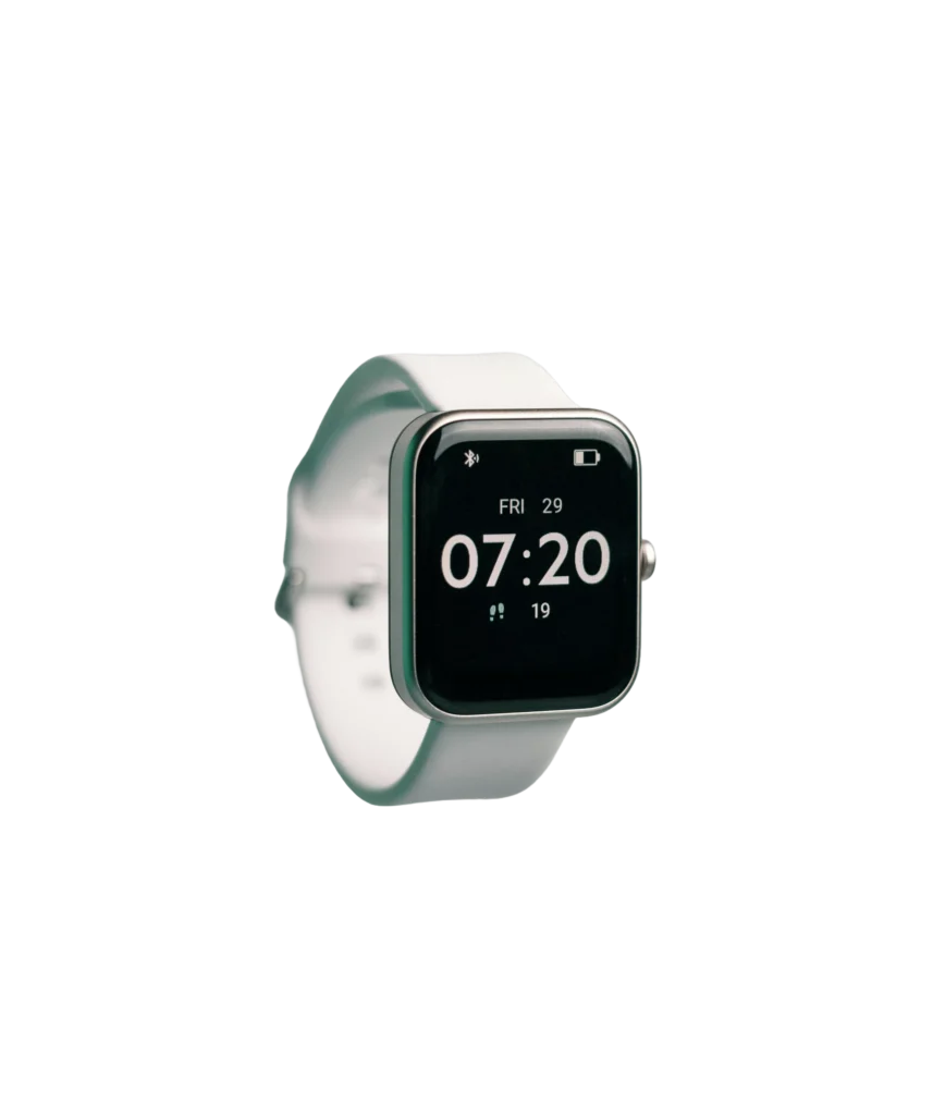 A smart watch with a white band