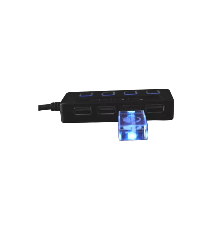 A USB hub with a glowing blue light, showcasing multiple ports for device connectivity