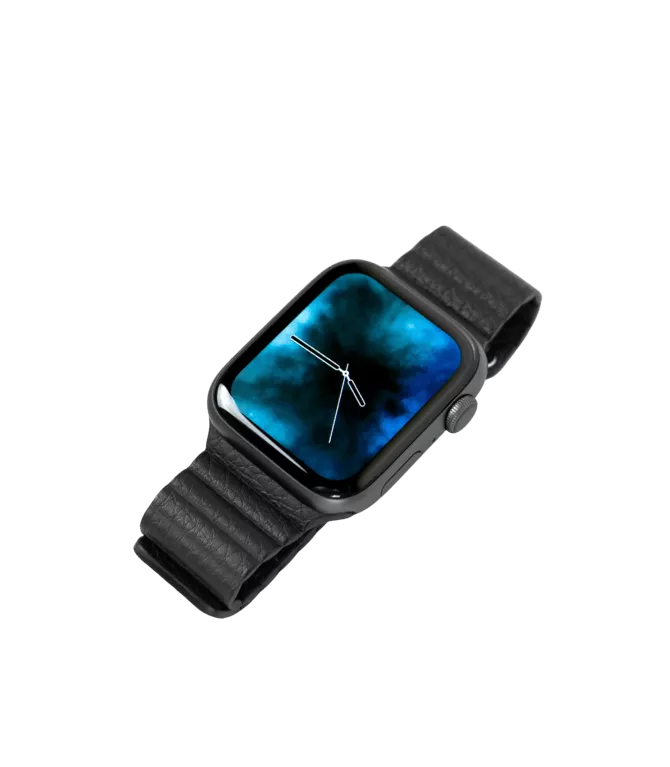 Apple Watch with a black band displayed on a clean white background